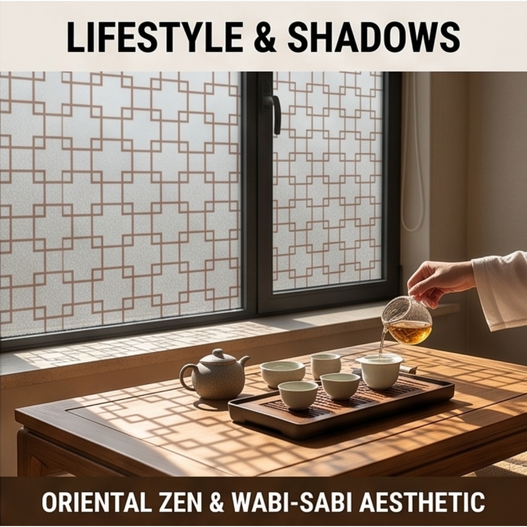 Home Bathroom Window - Oriental Lattice Square Printed Frosted Window